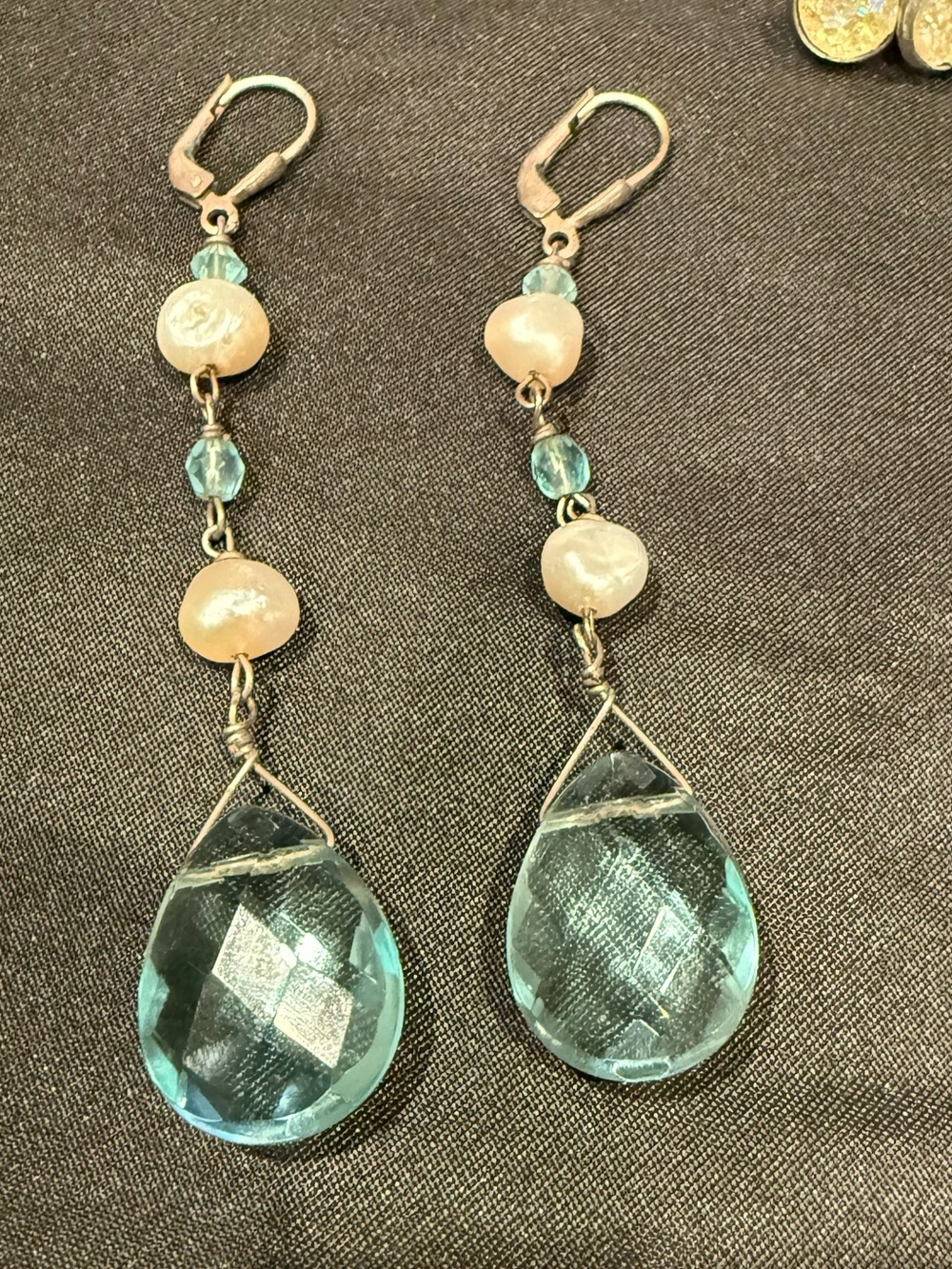 3 Pairs Earrings Druzy Quartz Studs + Blue Topaz Crystal Drops +Turquoise Clover - Picture 8 of 13
